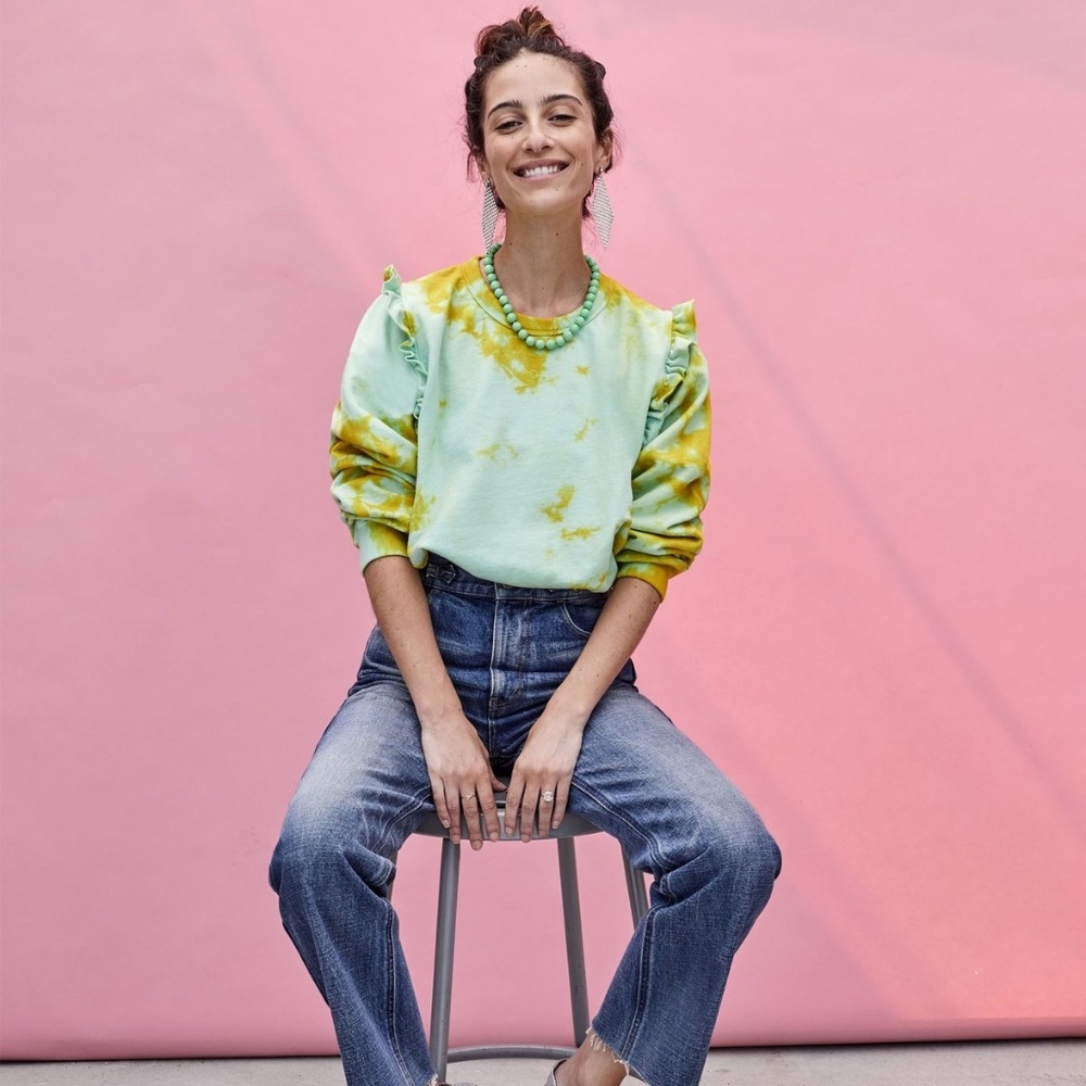 Clare V. Vivier Ruffle Shoulder Sweatshirt Daiquiri/Marigold Cloud Tie Dye
